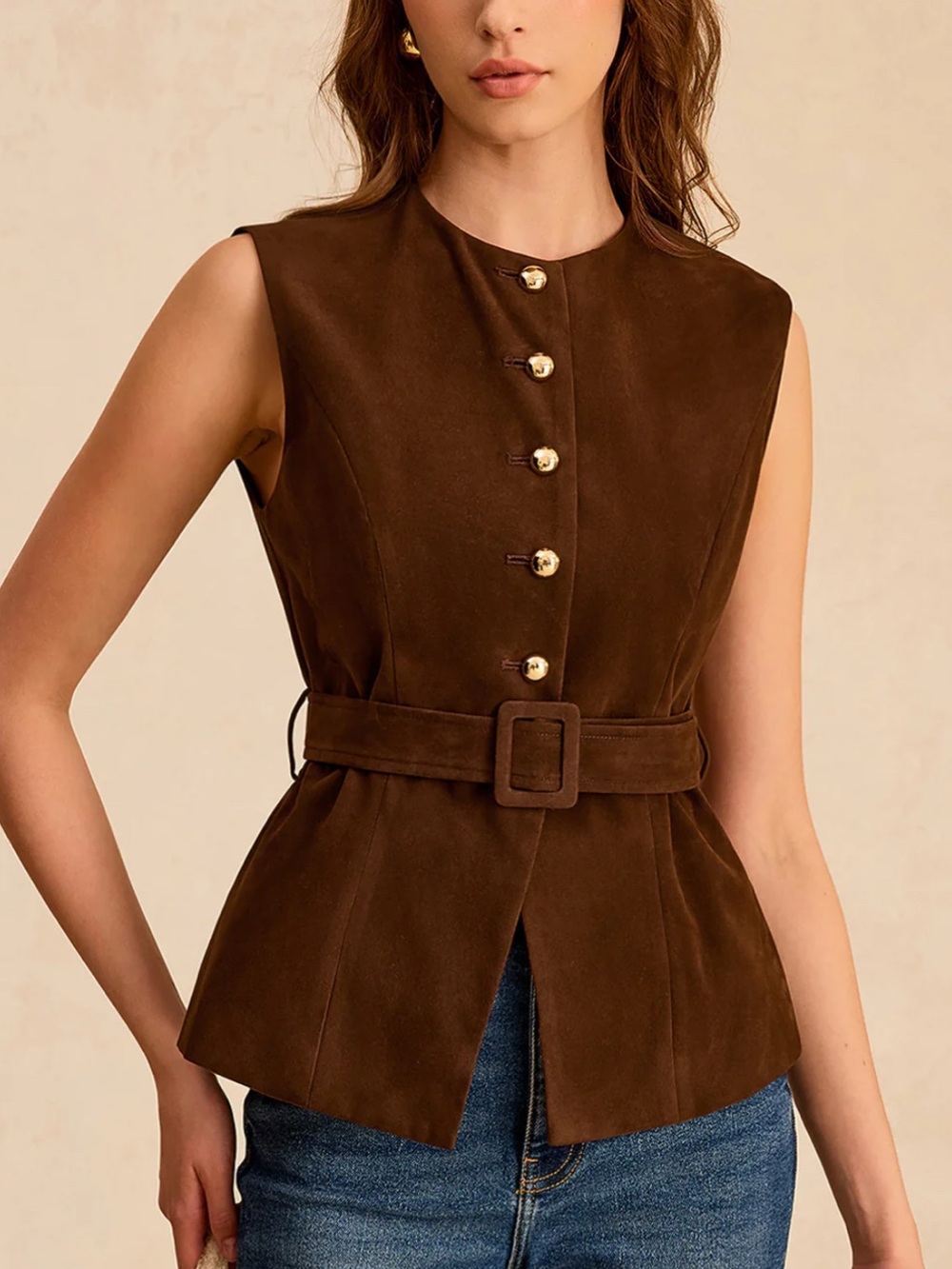 NWT Commense Sleeveless Brown Suede Vest with Gold Buttons (missing belt)